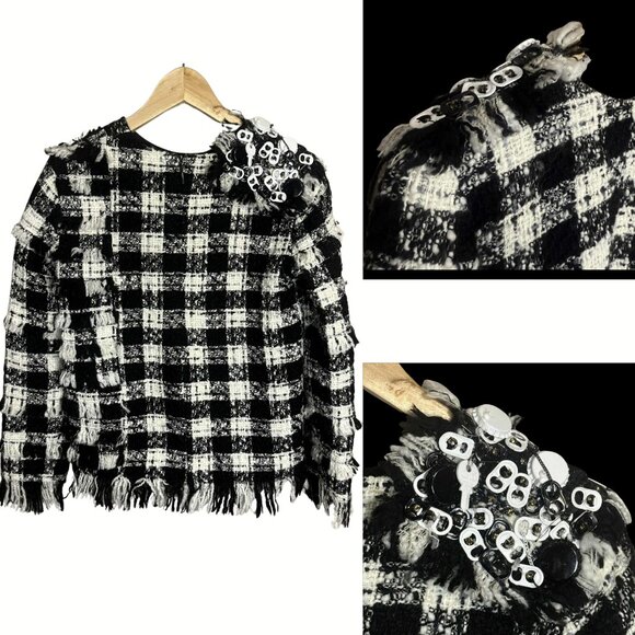 MSGM Milano Embellished Tweed Fringe Top Size 38 (M/L) Rare Runway-Style Boucle - Picture 1 of 15